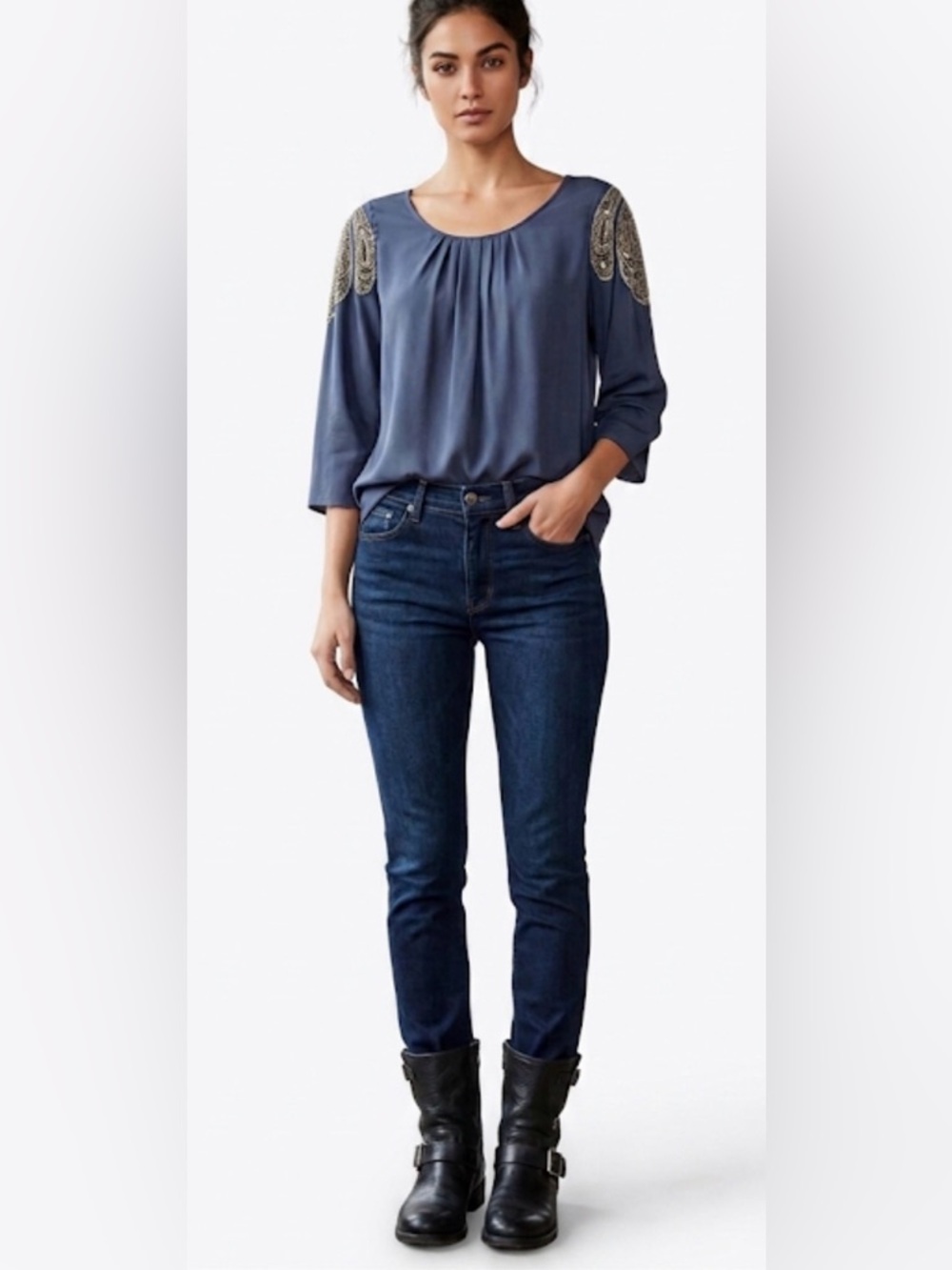 Yigal Azrouel Navy Embellished-Shoulder Blouse